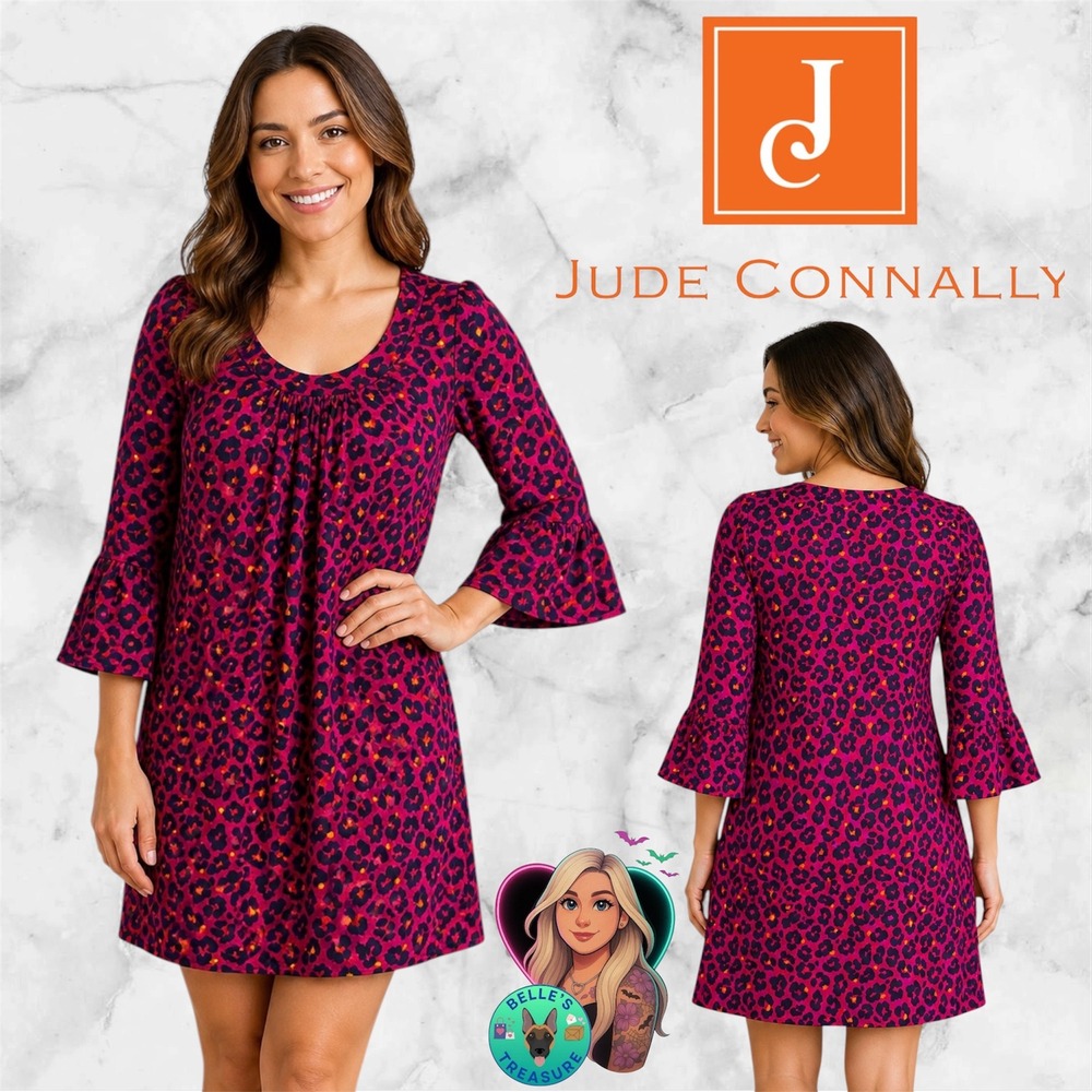 Jude Connally Women's‎ Medium Megan Dress Pink Purple Leopard Jude Cloth Ruffles